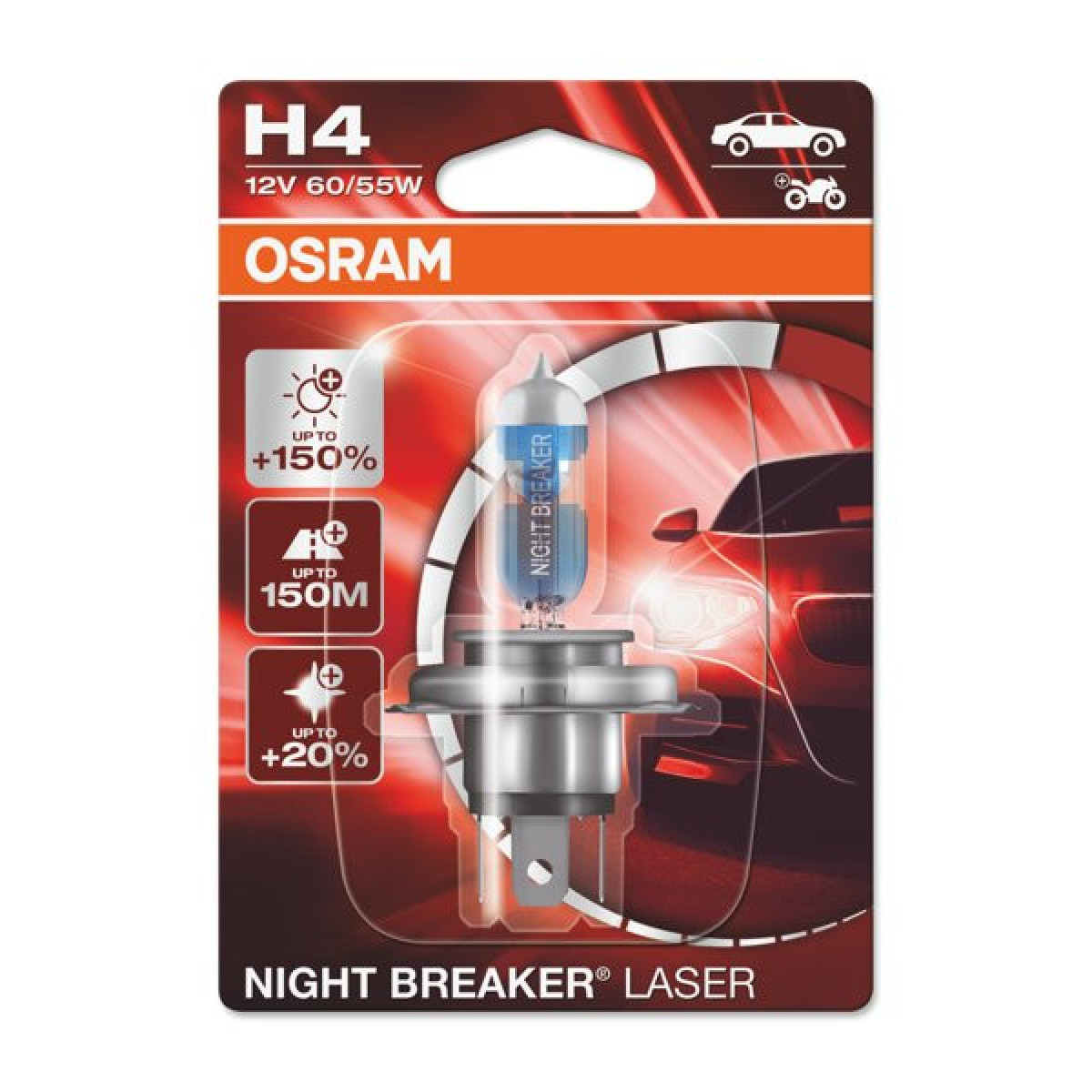 OSRAM Automobilinė lemputė NIGHT BREAKER LASER +150% H4 60/55W 12V P43T, 1vnt
