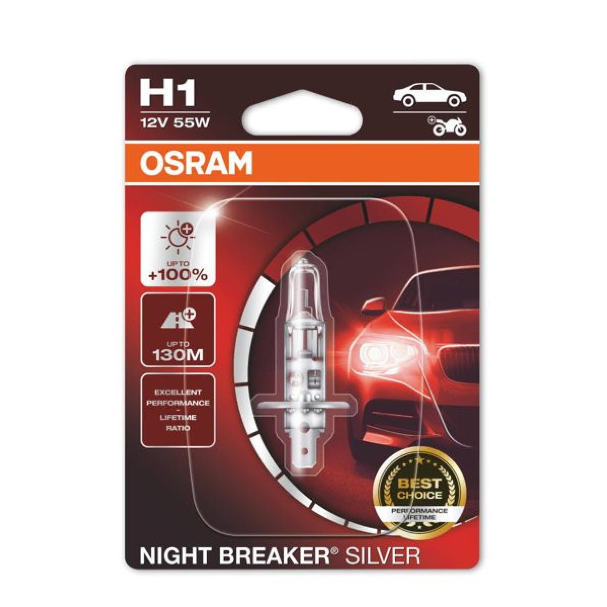 OSRAM Automobilinė lemputė NIGHT BREAKER SILVER +100% H1 55W 12V P14.5S, 1vnt