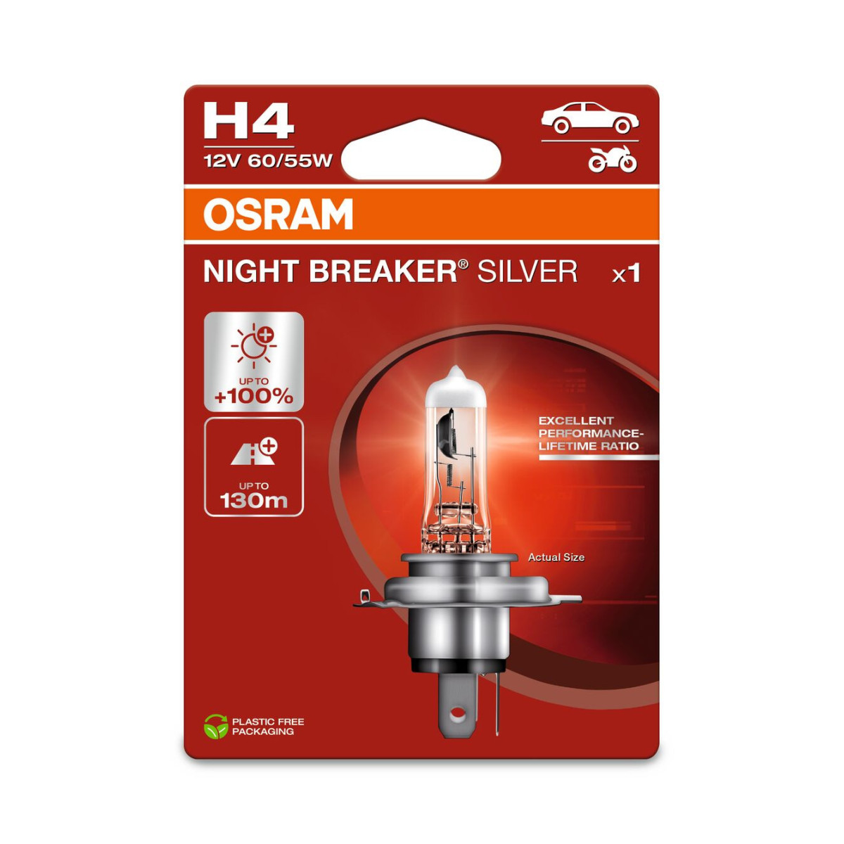 OSRAM Automobilinė lemputė NIGHT BREAKER SILVER +100% H4 60/55W 12V P43T, 1vnt