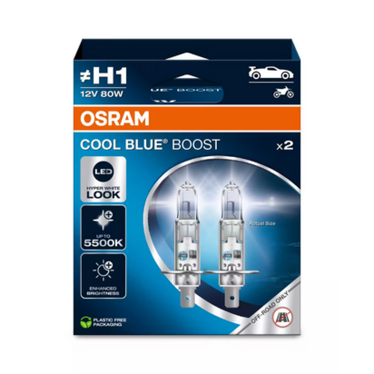 OSRAM Automobilinės lemputės COOL BLUE BOOST H1 80W 12V P14.5S,  2vnt