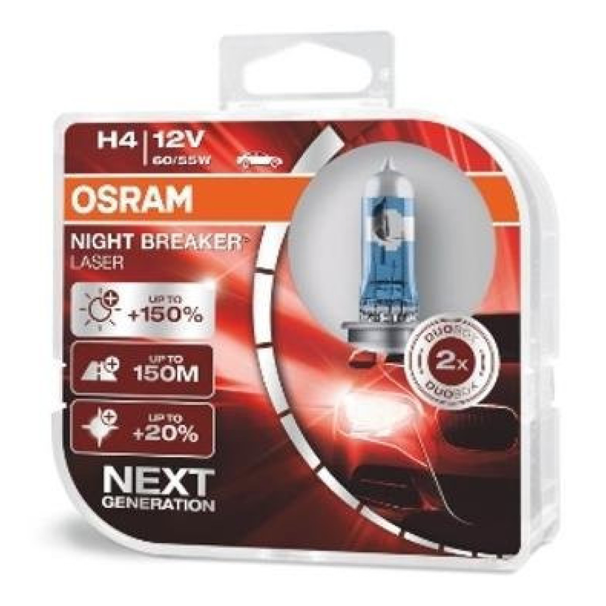OSRAM Automobilinės lemputės NIGHT BREAKER LASER +150% H4 60/55W 12V P43T, 2vnt