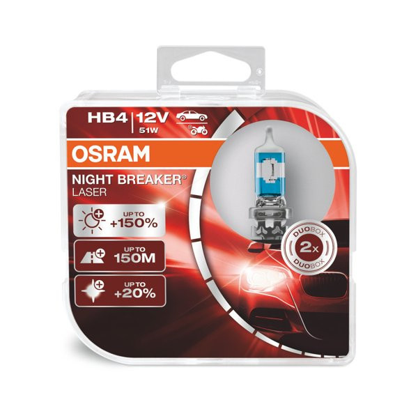 OSRAM Automobilinės lemputės Night Breaker Laser +150% HB4 51W 12V P22D (amerikietiškiems automobiliams)
