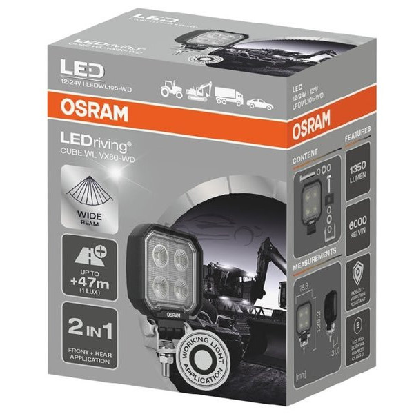 Osram LEDriving® kubinis žibintas, WL VX80-WD 12/24V 12W 47m, ilgas šviesos srautas, 1350lm