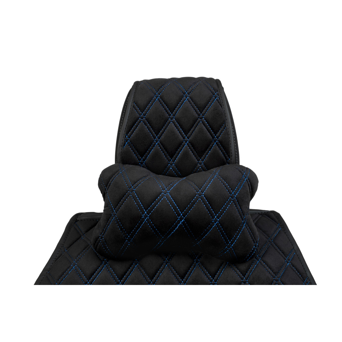 Automobilio sėdynės galvos atramos pagalvė EVAtech 27x16 cm - juoda / mėlynos siūlės Automobilio sėdynės galvos atramos pagalvė EVAtech 27x16 cm - juoda / mėlynos siūlės