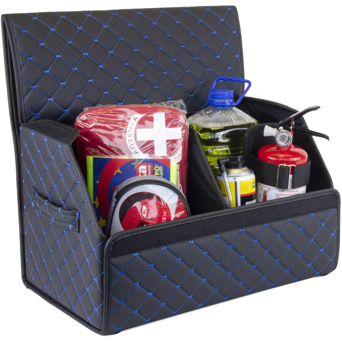 Bagažinės daiktadėžė EVAtech ECO M 30x30x50 cm - juoda / juodi kraštai / mėlynos siūlės / juodas vidus