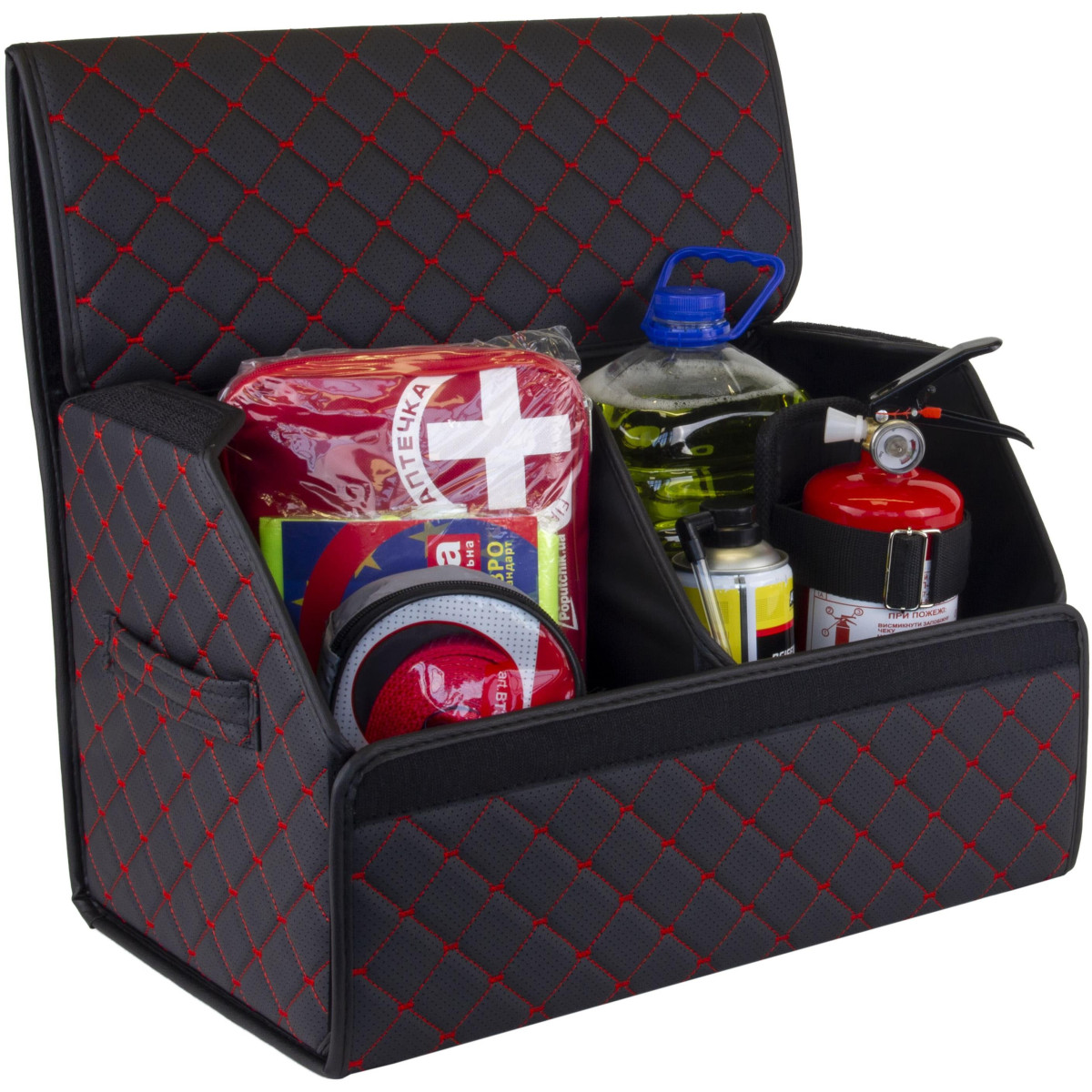 Bagažinės daiktadėžė EVAtech ECO M 30x30x50 cm - juoda / juodi kraštai / raudonos siūlės / juodas vidus