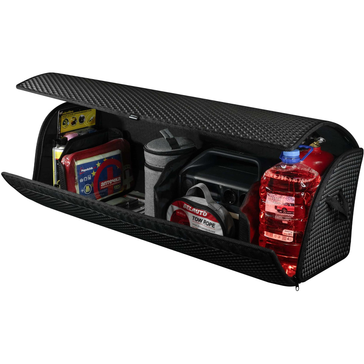 Bagažinės daiktadėžė EVAtech PRO XL 32x100x30 cm - juoda / raudoni kraštai Bagažinės daiktadėžė EVAtech PRO XL 32x100x30 cm - juoda / raudoni kraštai