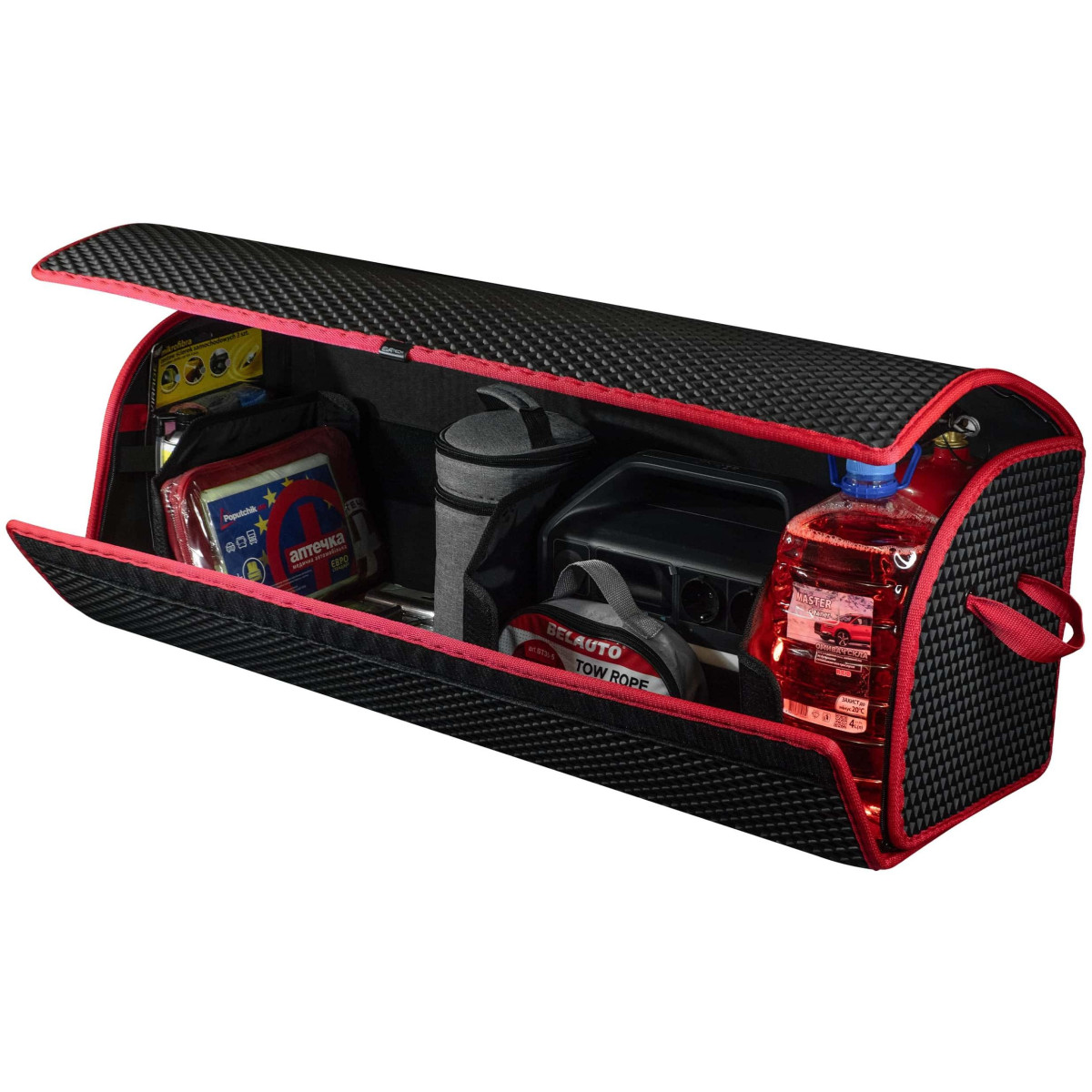 Bagažinės daiktadėžė EVAtech PRO XL 32x100x30 cm - juoda / raudoni kraštai Bagažinės daiktadėžė EVAtech PRO XL 32x100x30 cm - juoda / raudoni kraštai