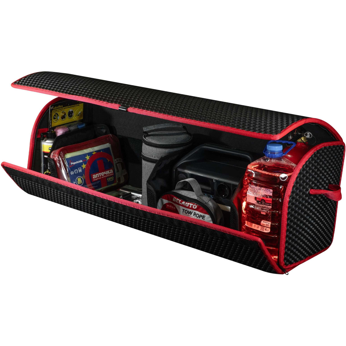 Bagažinės daiktadėžė EVAtech PRO XL 32x100x30 cm - juoda / raudoni kraštai Bagažinės daiktadėžė EVAtech PRO XL 32x100x30 cm - juoda / raudoni kraštai