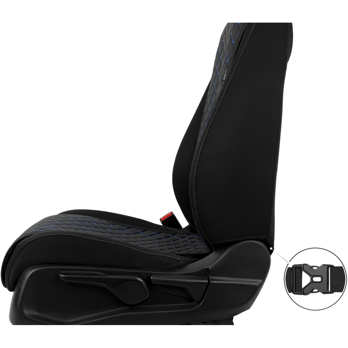 Sėdynių užvalkalai EVAtech ECO Basic, 2 vnt - juoda / juodi kraštai / mėlynos siūlės Sėdynių užvalkalai EVAtech ECO Basic, 2 vnt - juoda / juodi kraštai / mėlynos siūlės