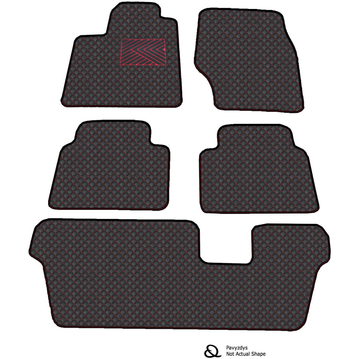 Eko odos kilimėliai QuiltyMats VOLKSWAGEN SHARAN 2010-2023m. (7v., I, II ir III eilės) (Juoda / raudonos siūlės)