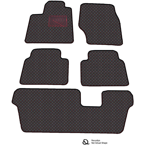 Eko odos kilimėliai QuiltyMats VOLKSWAGEN SHARAN 2010-2023m. (6v., I, II ir III eilės) (Juoda / raudonos siūlės)