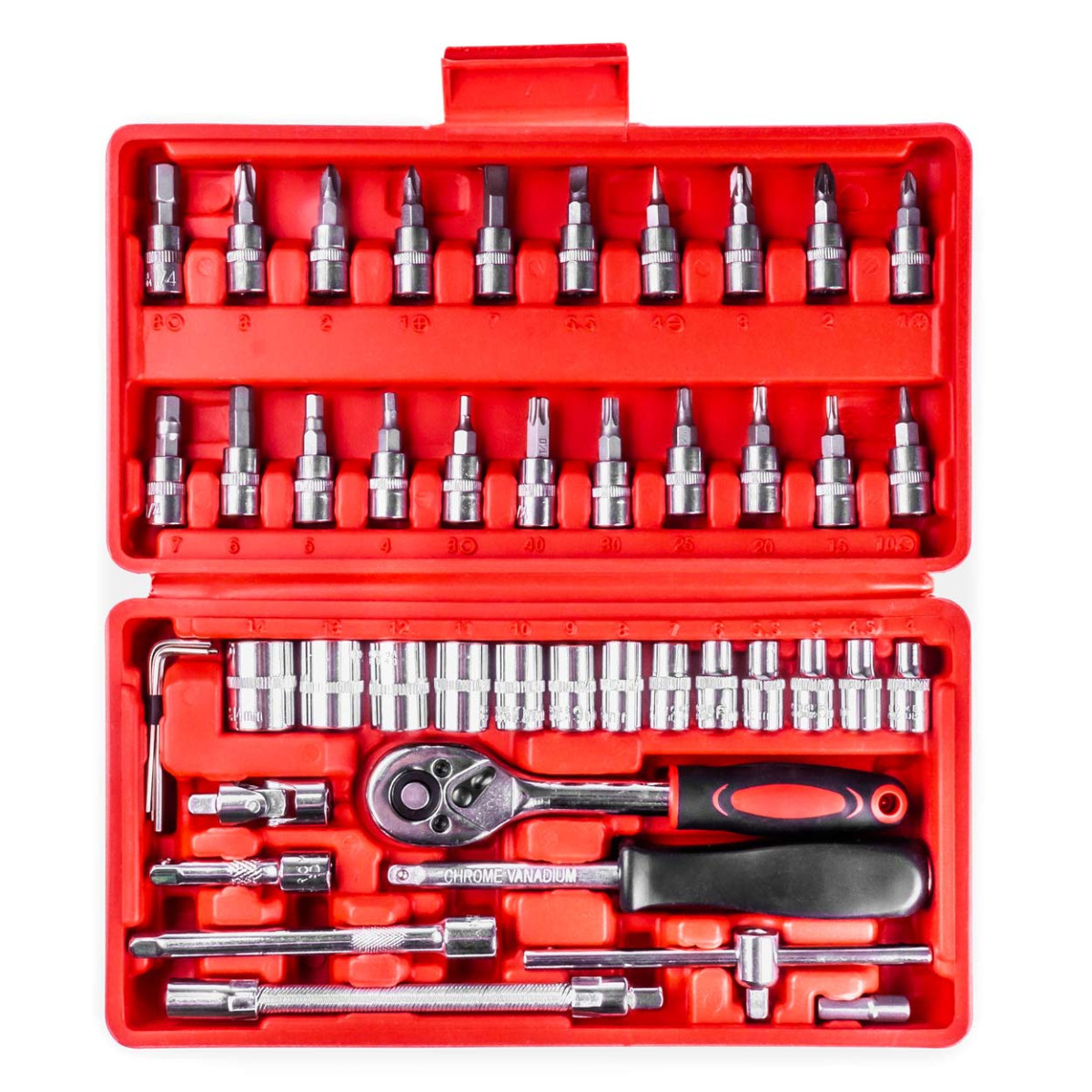 1/4" galvučių ir raktų rinkinys 46 vnt., Cr-V, AMIO-03136