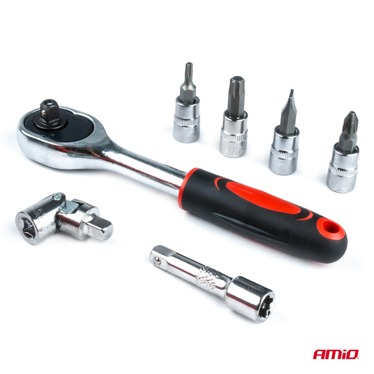 1/4" galvučių ir raktų rinkinys 46 vnt., Cr-V, AMIO-03136
