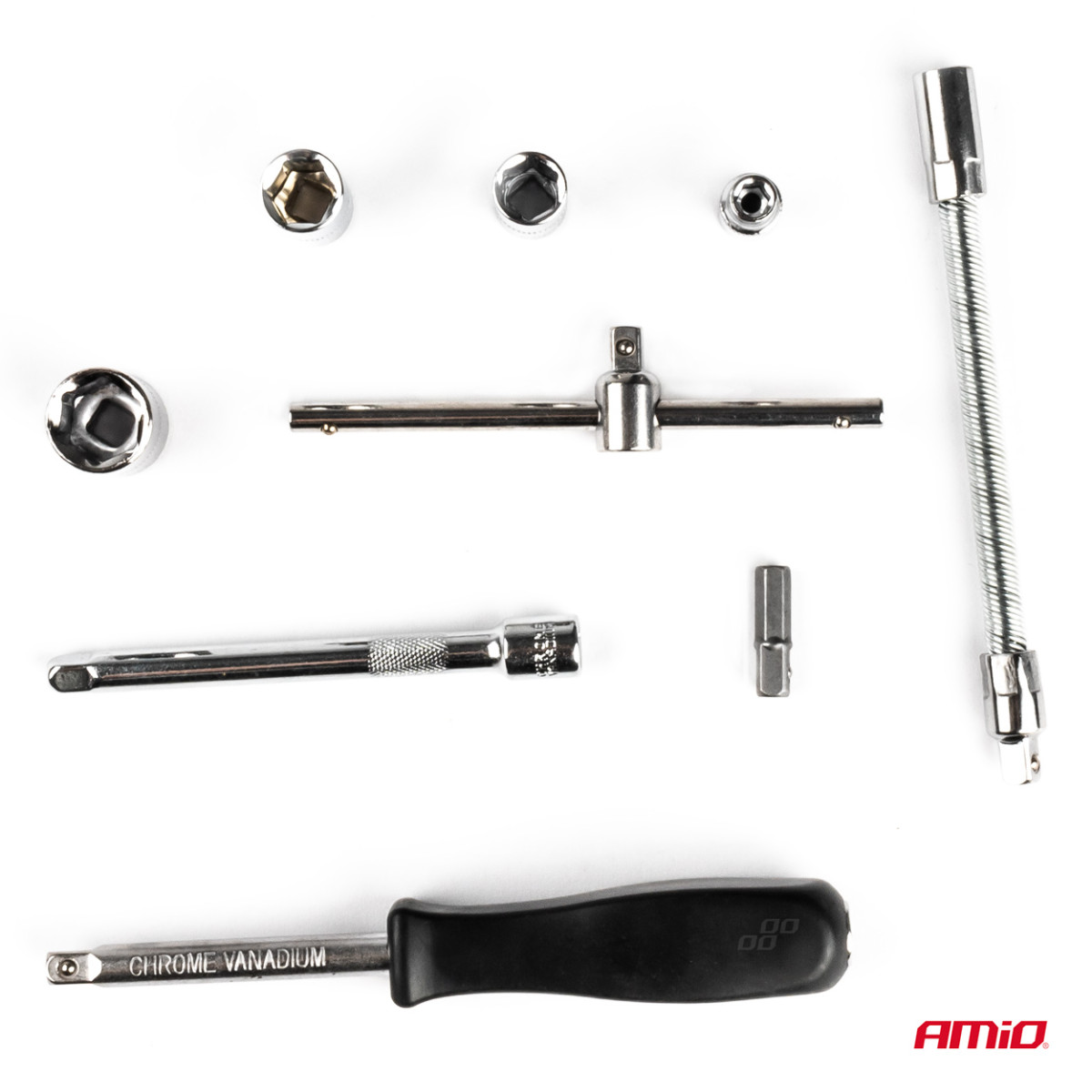 1/4" galvučių ir raktų rinkinys 46 vnt., Cr-V, AMIO-03136