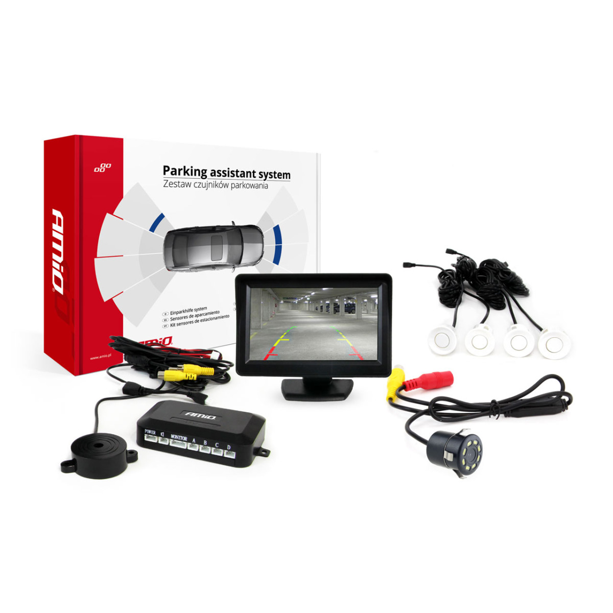 Parkavimo jutiklių rinkinys TFT01 4,3 su CAM-308 LED Night Vision kamera, 4 balti jutikliai 22 mm