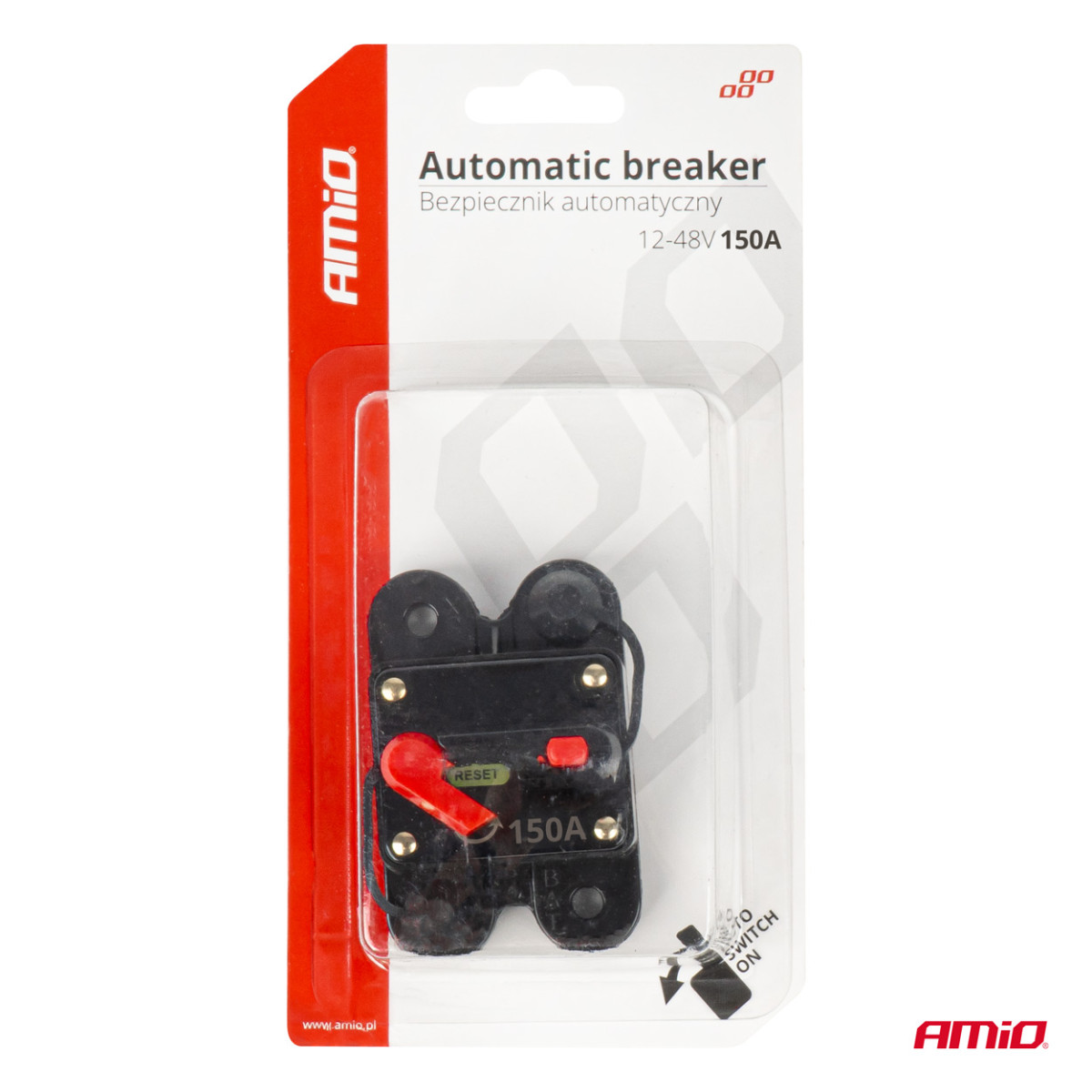 Automatinis automobilinis saugiklis / grandinės pertraukiklis 12-48V 150A AMIO-03829