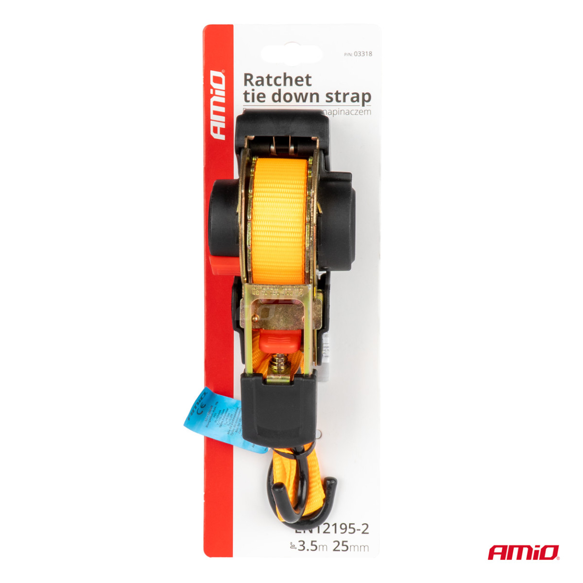 Krovinių tvirtinimo diržas su automatiniu vyniotuvu 640/320 kg, 3,5 m x 25 mm, S-TYPE AMIO-03318