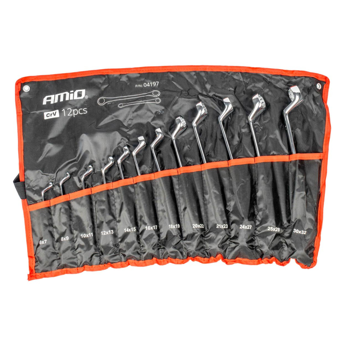 Žiedinių raktų rinkinys, lenkti 6–32 mm, 12 vnt., AMIO-04197