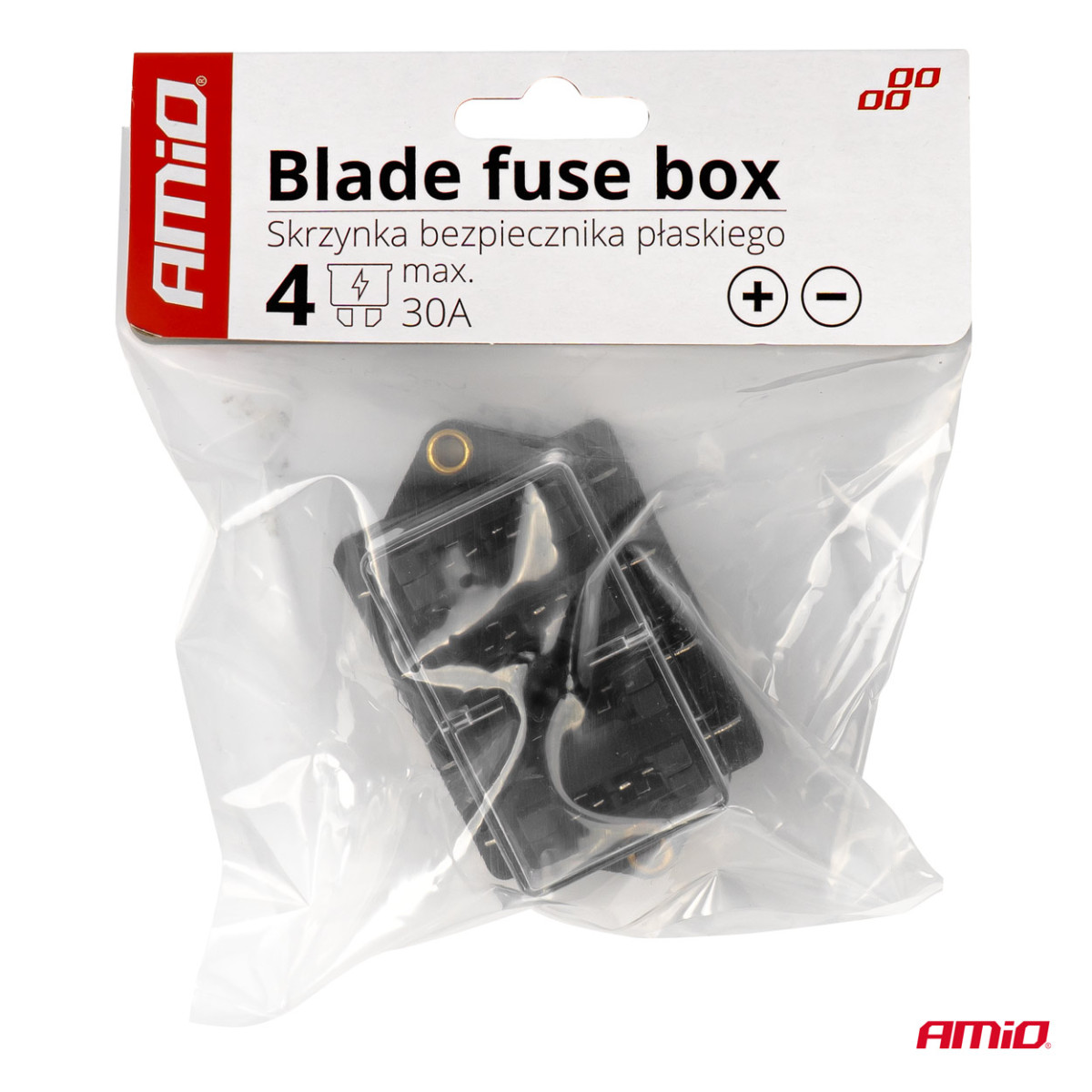 Saugiklių dėžutė, 4 lizdų plokšteliniams (ATO/UNI) saugikliams AMIO-03040