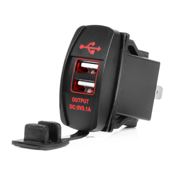 Vandeniui atsparus telefono įkroviklis su raudonu LED apšvietimu, 2xUSB 12/24V AMIO-04228