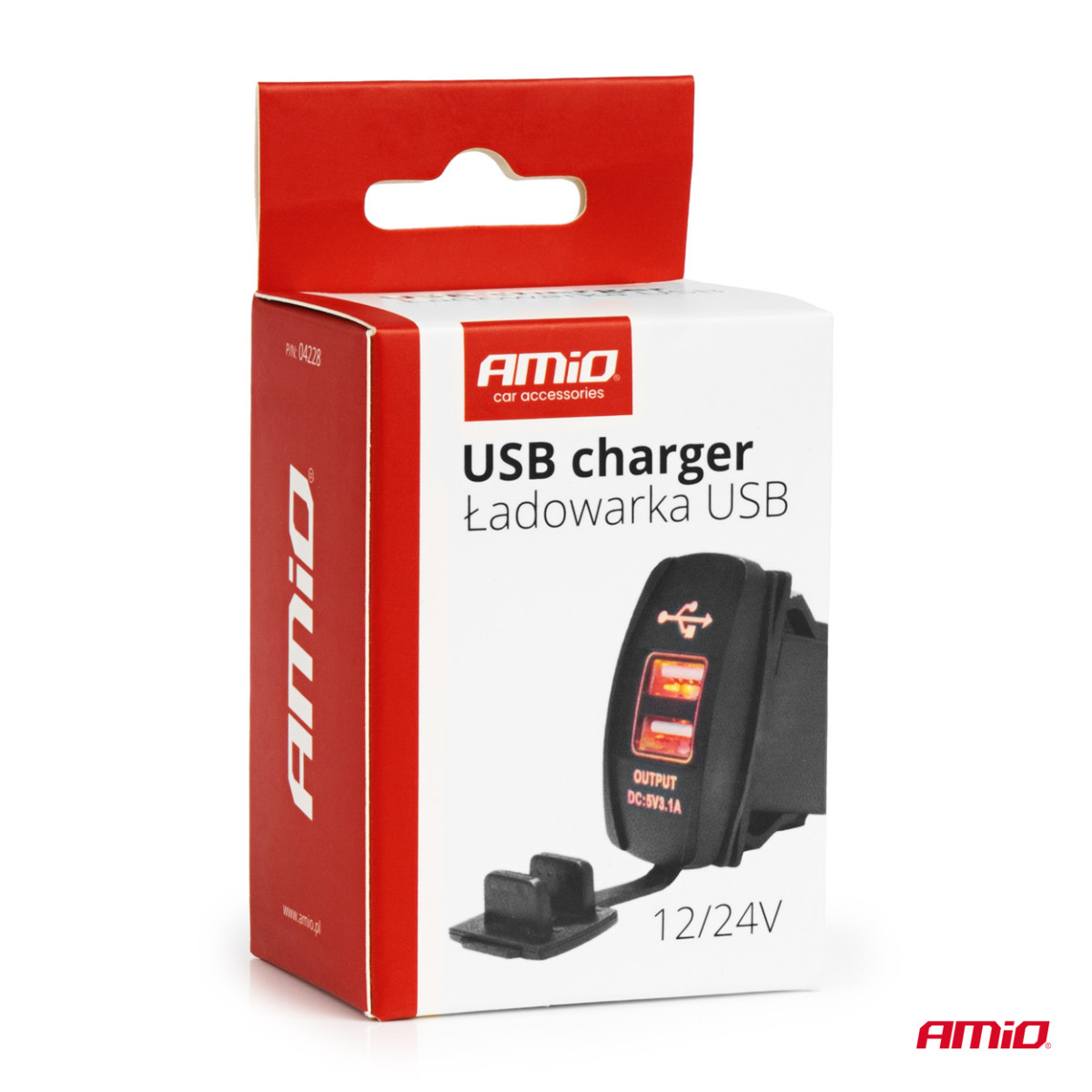 Vandeniui atsparus telefono įkroviklis su raudonu LED apšvietimu, 2xUSB 12/24V AMIO-04228