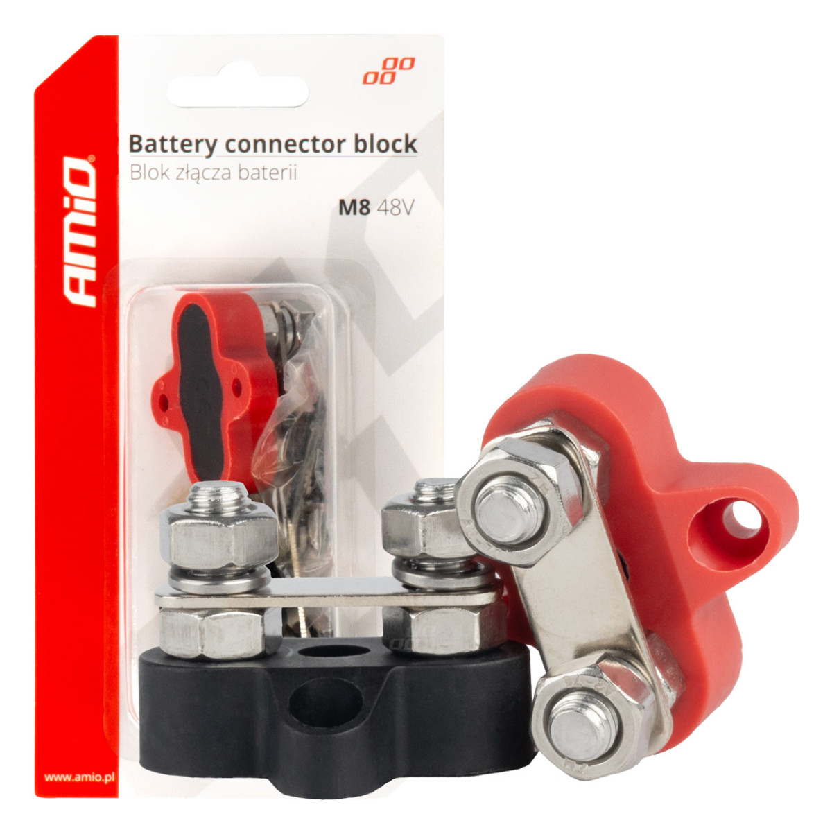 Dvigubas M8 baterijos paskirstymo blokas, max 48V, 2 jungtys, 2 vnt., AMIO-03806