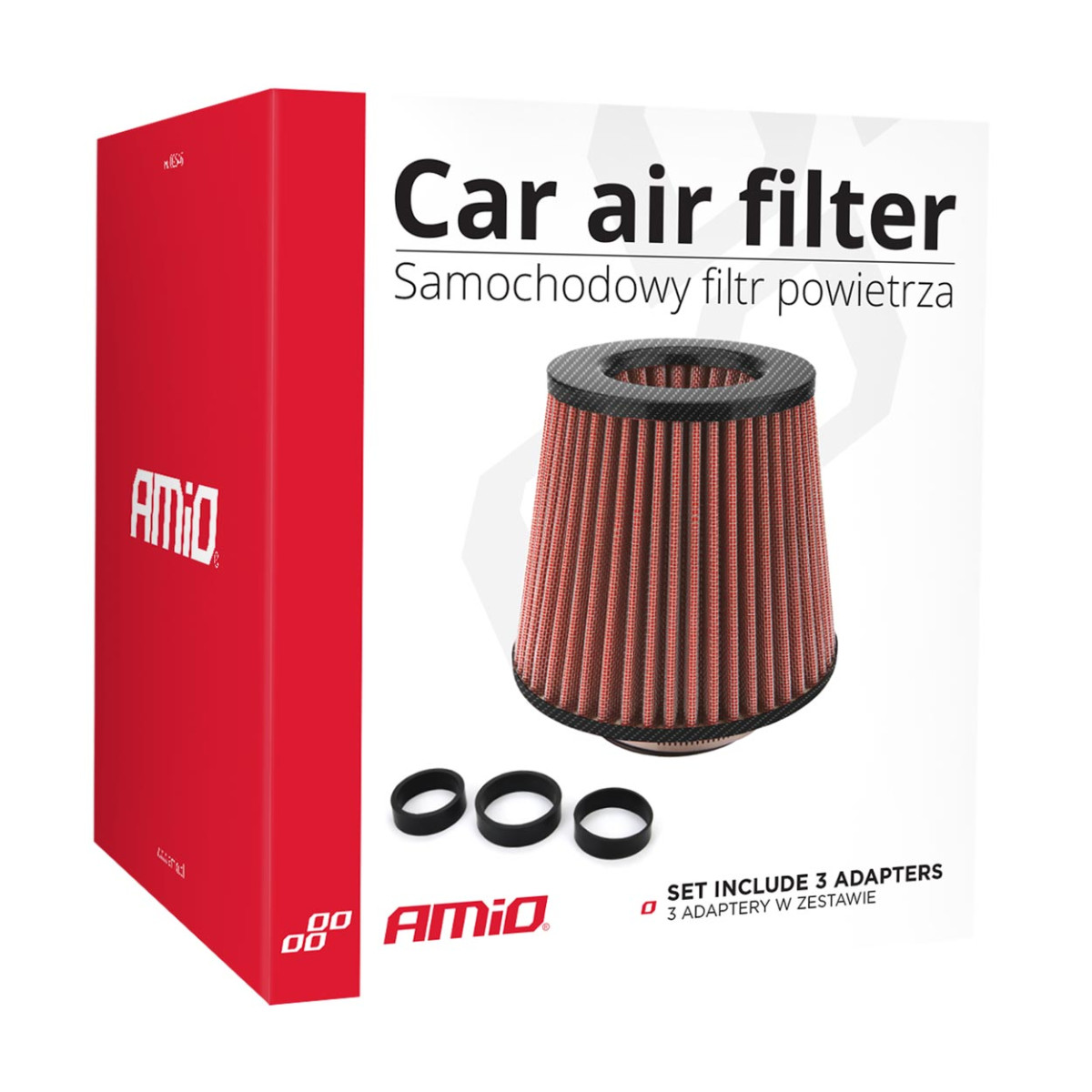 Kūginis oro filtras automobiliui, universalus, raudonas/carbon, su 3 adapteriais, AMIO-01713
