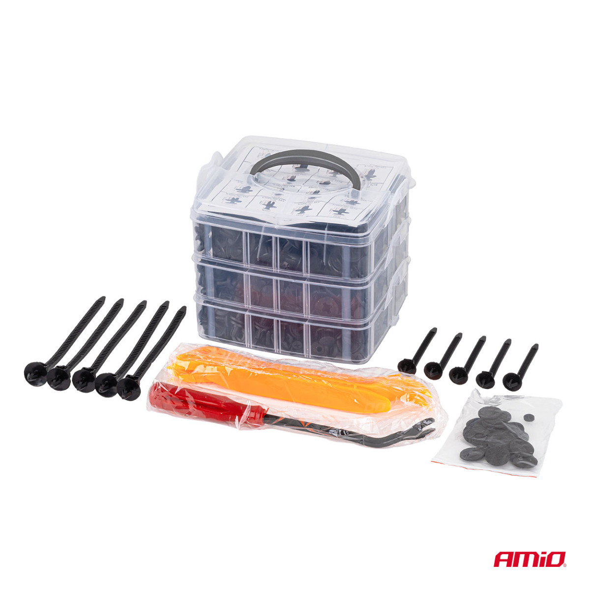 Automobilinis kabliukų ir apmušalų laikiklių rinkinys su ištraukiamuoju įrankiu, 650 vnt., AMIO-04433