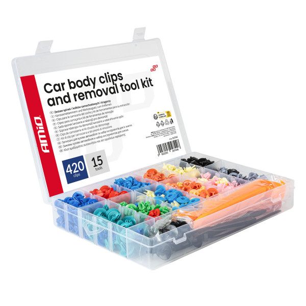 Automobilinių tvirtinimo kaiščių ir segtukų rinkinys su ištraukėjais, 420+15 vnt. AMIO-04744