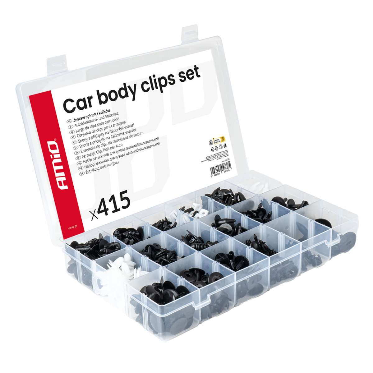 Automobilinių tvirtinimo kaiščių ir segtukų rinkinys, 415 vnt. AMIO-04738