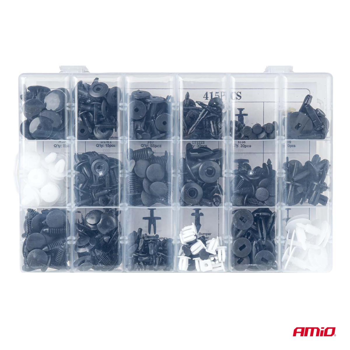 Automobilinių tvirtinimo kaiščių ir segtukų rinkinys, 415 vnt. AMIO-04738
