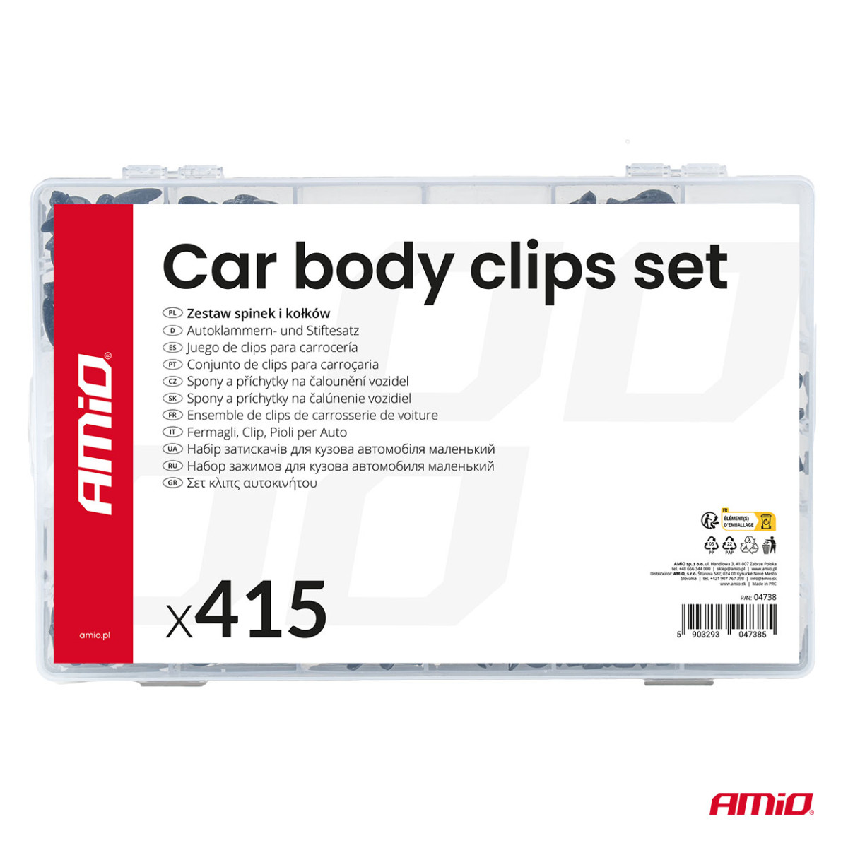 Automobilinių tvirtinimo kaiščių ir segtukų rinkinys, 415 vnt. AMIO-04738