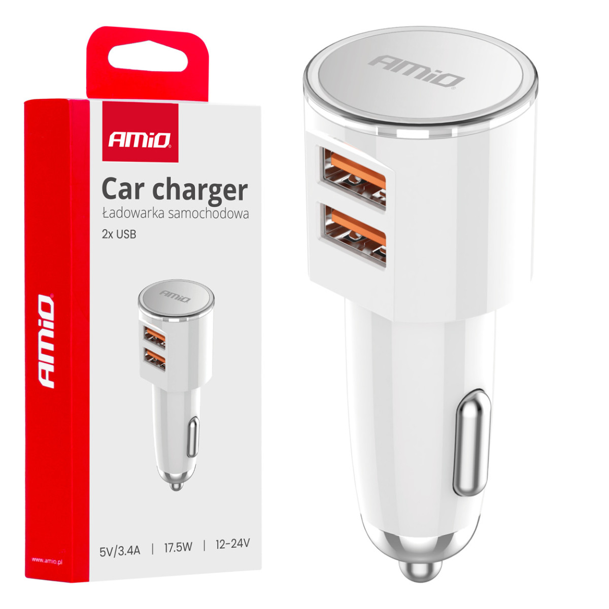 Automobilinis įkroviklis 2x USB-A 3.4A 12/24V AMiO-03888