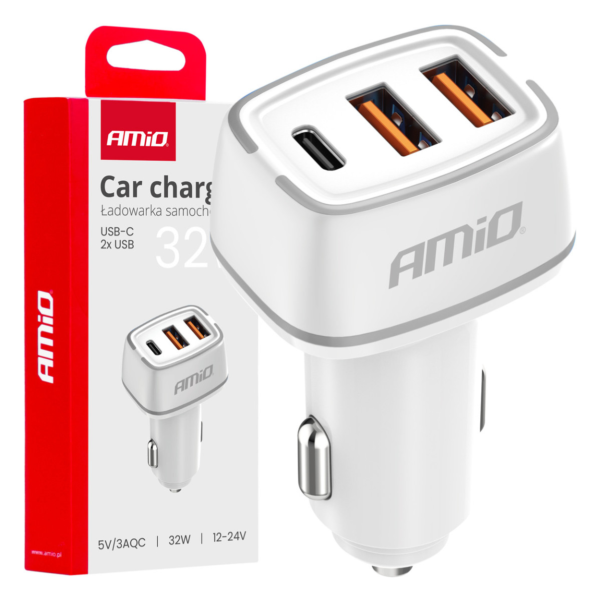 Automobilinis įkroviklis 2x USB-A + USB-C 32W 12/24V AMiO-03890