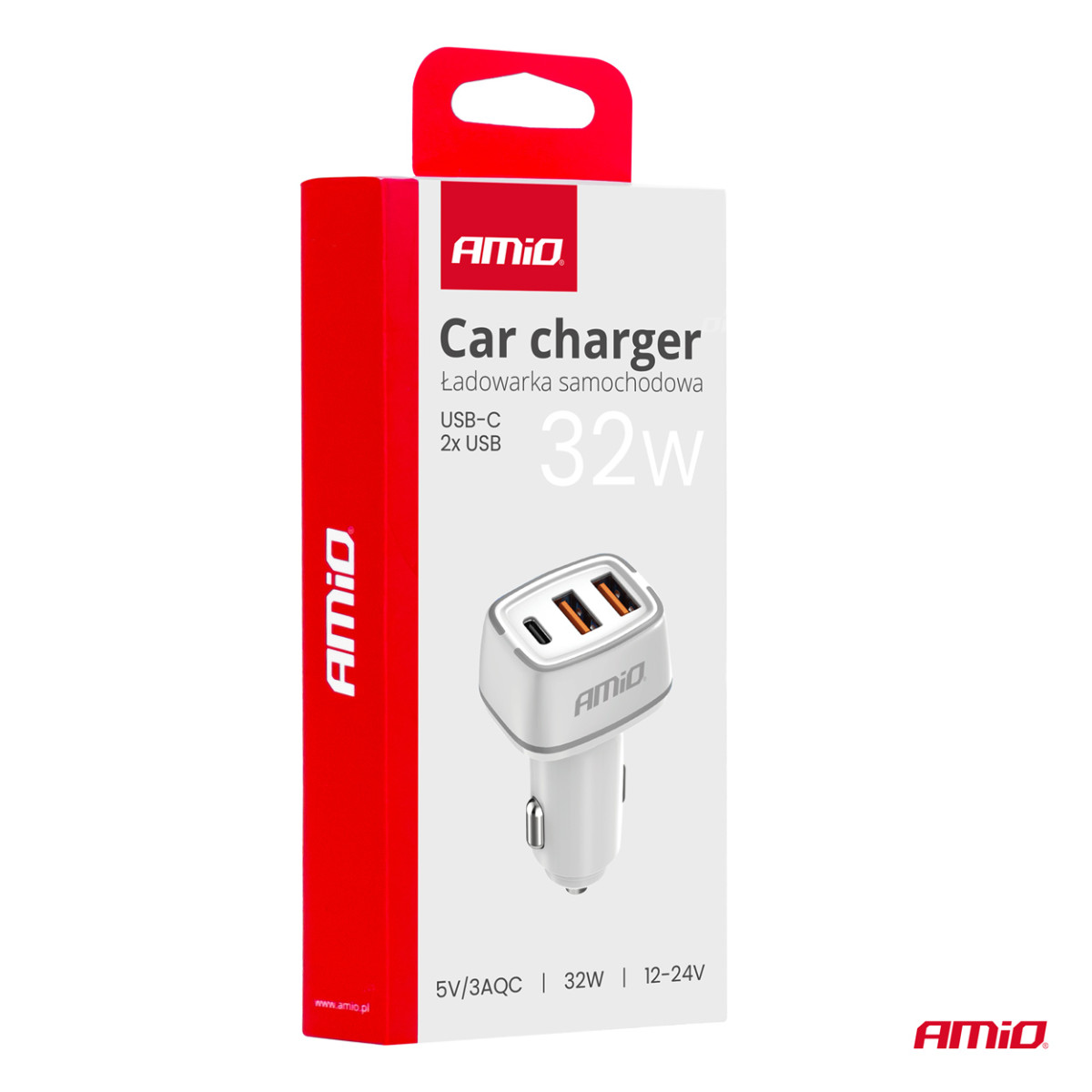 Automobilinis įkroviklis 2x USB-A + USB-C 32W 12/24V AMiO-03890