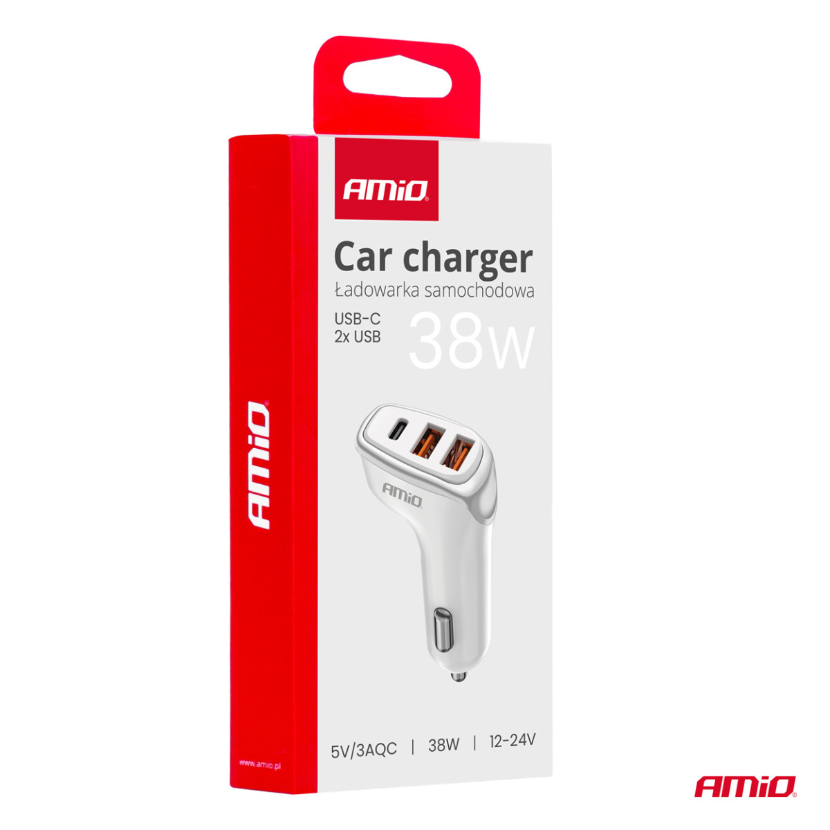 Automobilinis įkroviklis 2x USB-A + USB-C 38W 12/24V AMiO-03886