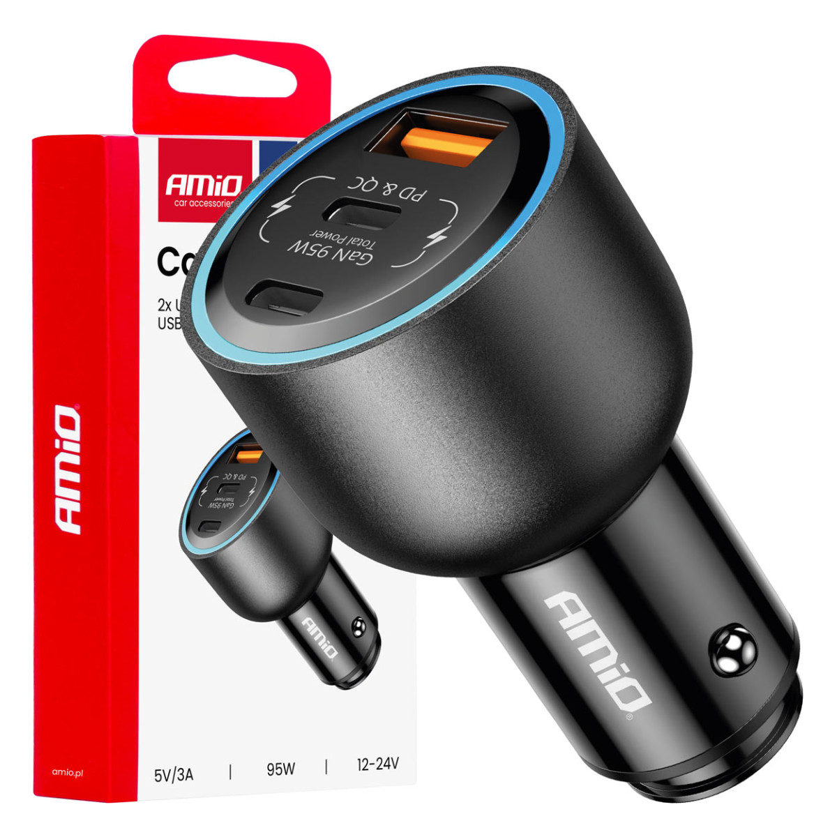 Automobilinis įkroviklis 2x USB-C + USB-A 12/24V 95W AMIO-04372