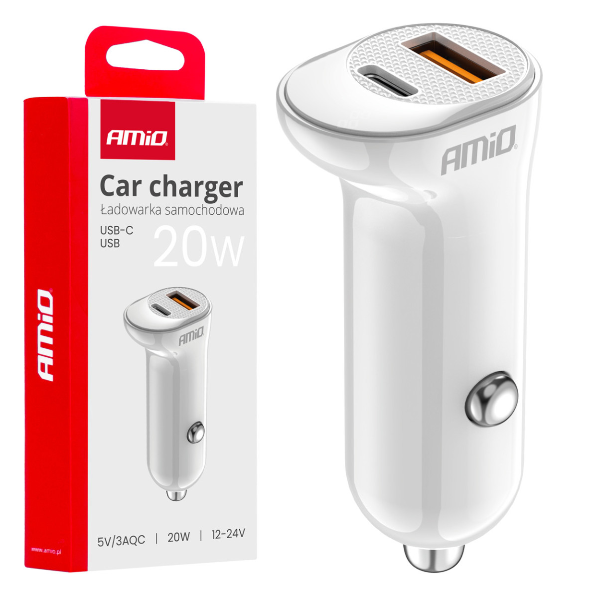 Automobilinis įkroviklis USB-A+ USB-C 20W 12/24V AMiO-03875