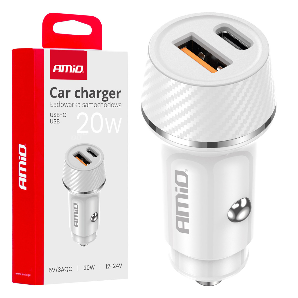Automobilinis įkroviklis USB-A + USB-C 20W 12/24V AMiO-03878