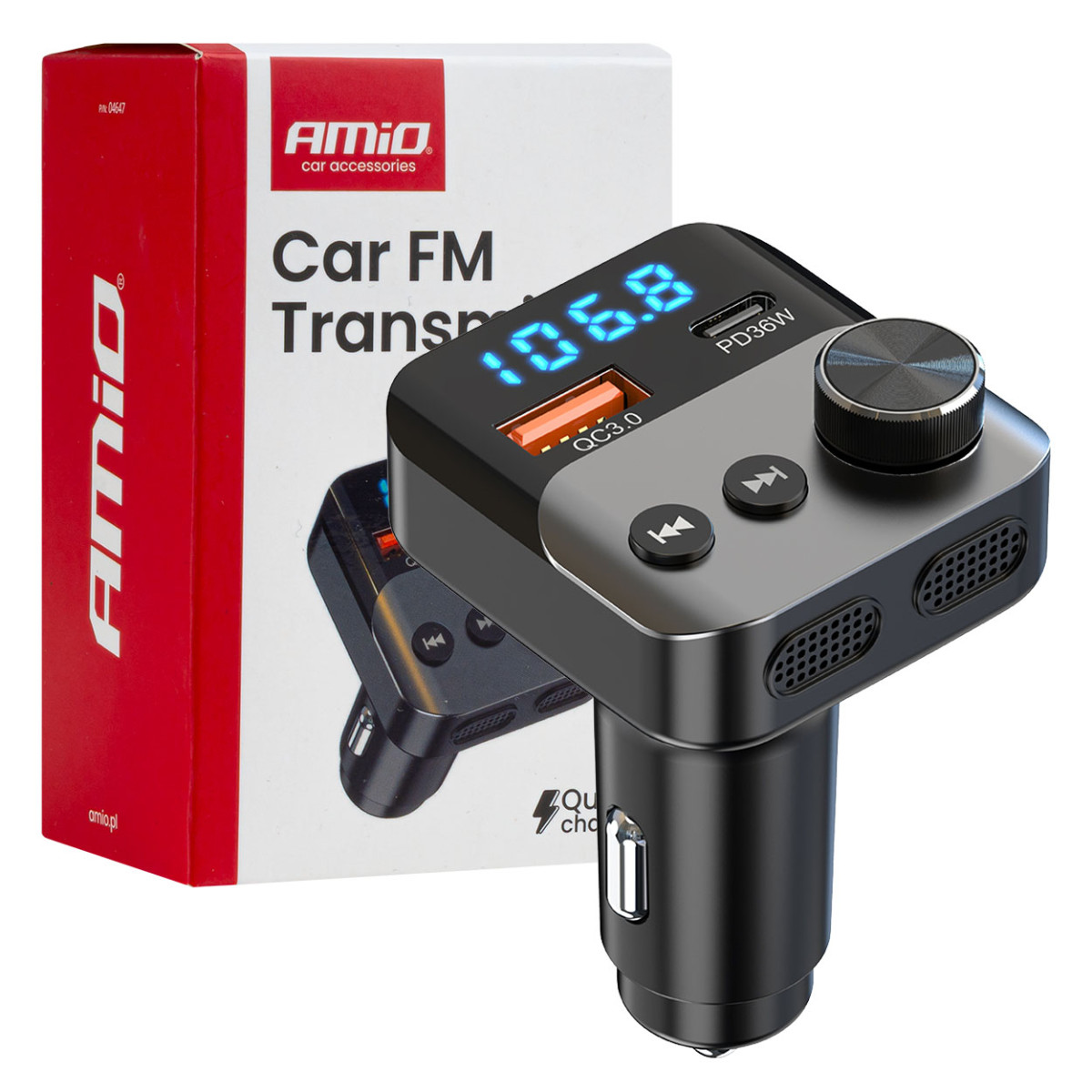 Automobilinis FM siųstuvas, 1×USB-A 1×USB-C 12V 24V AMIO-04647