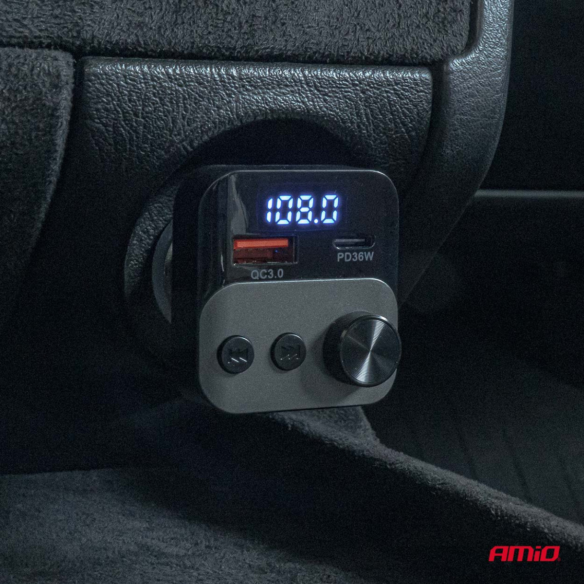 Automobilinis FM siųstuvas, 1×USB-A 1×USB-C 12V 24V AMIO-04647