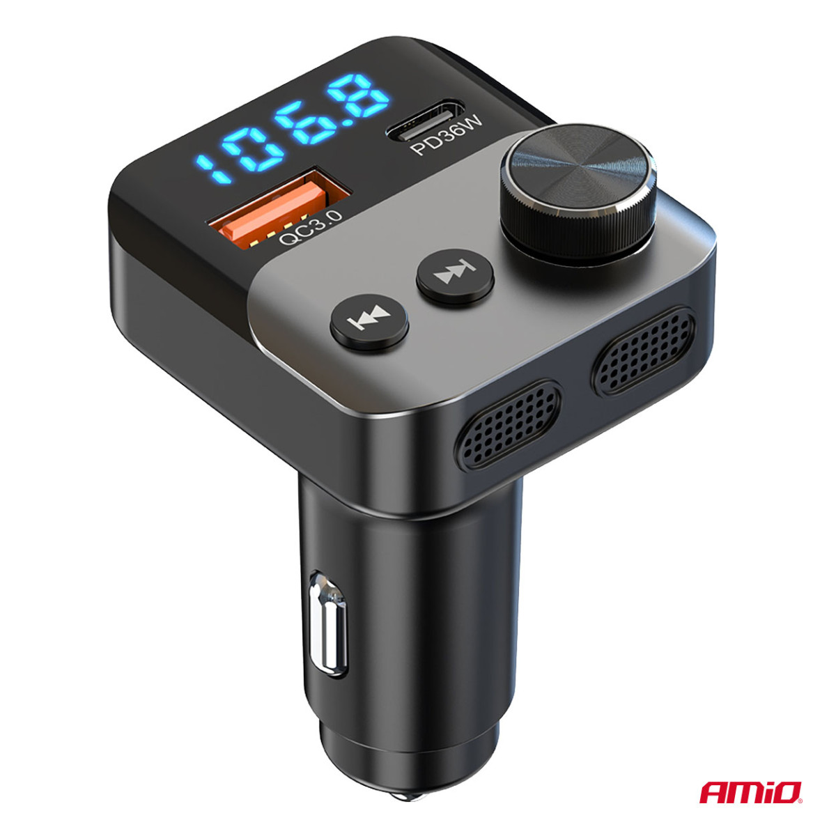 Automobilinis FM siųstuvas, 1×USB-A 1×USB-C 12V 24V AMIO-04647
