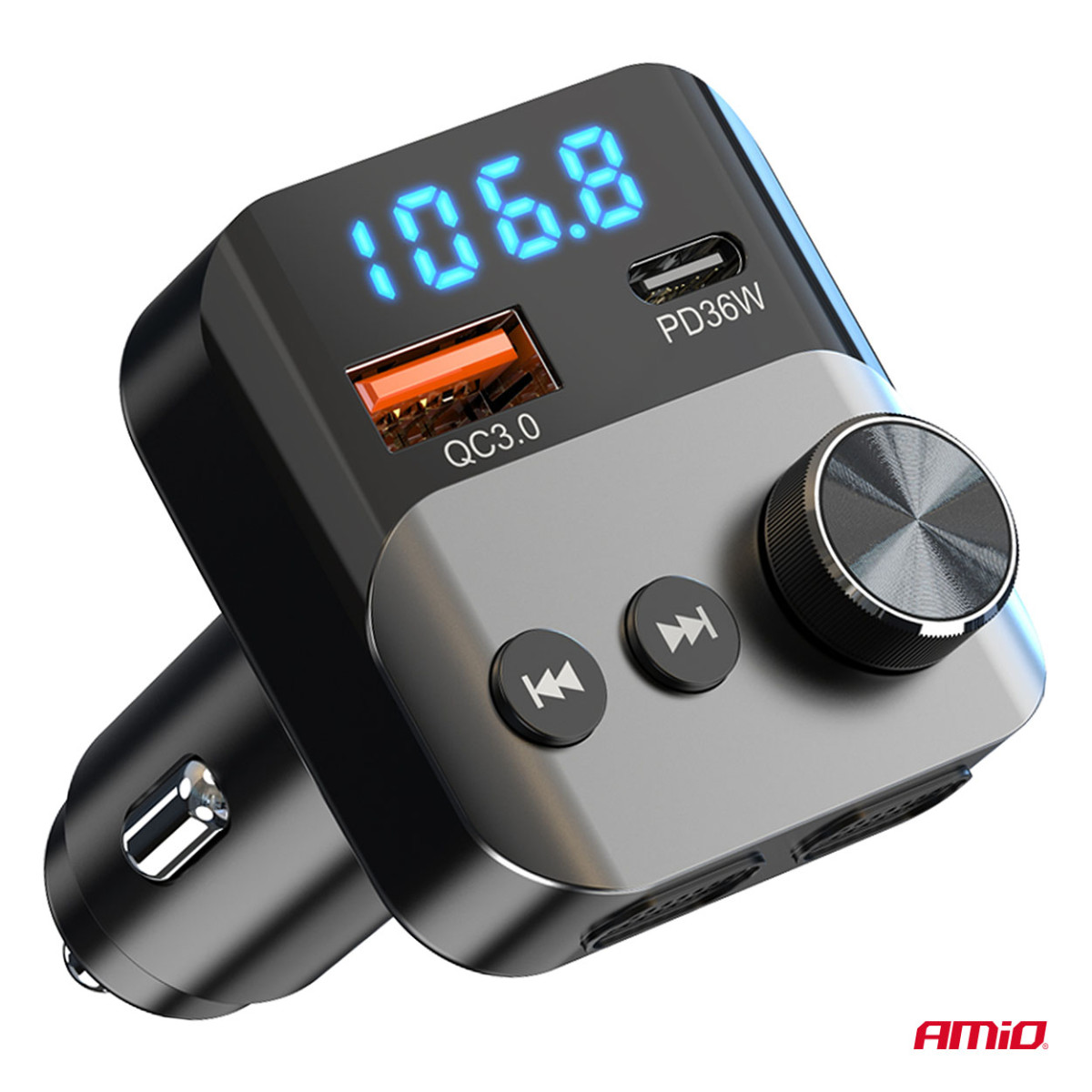 Automobilinis FM siųstuvas, 1×USB-A 1×USB-C 12V 24V AMIO-04647