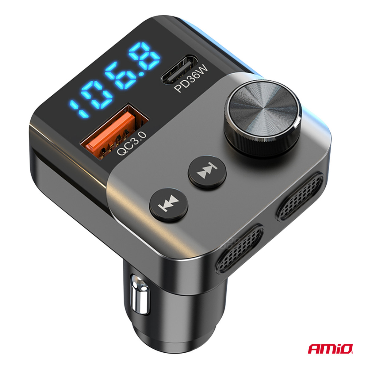 Automobilinis FM siųstuvas, 1×USB-A 1×USB-C 12V 24V AMIO-04647