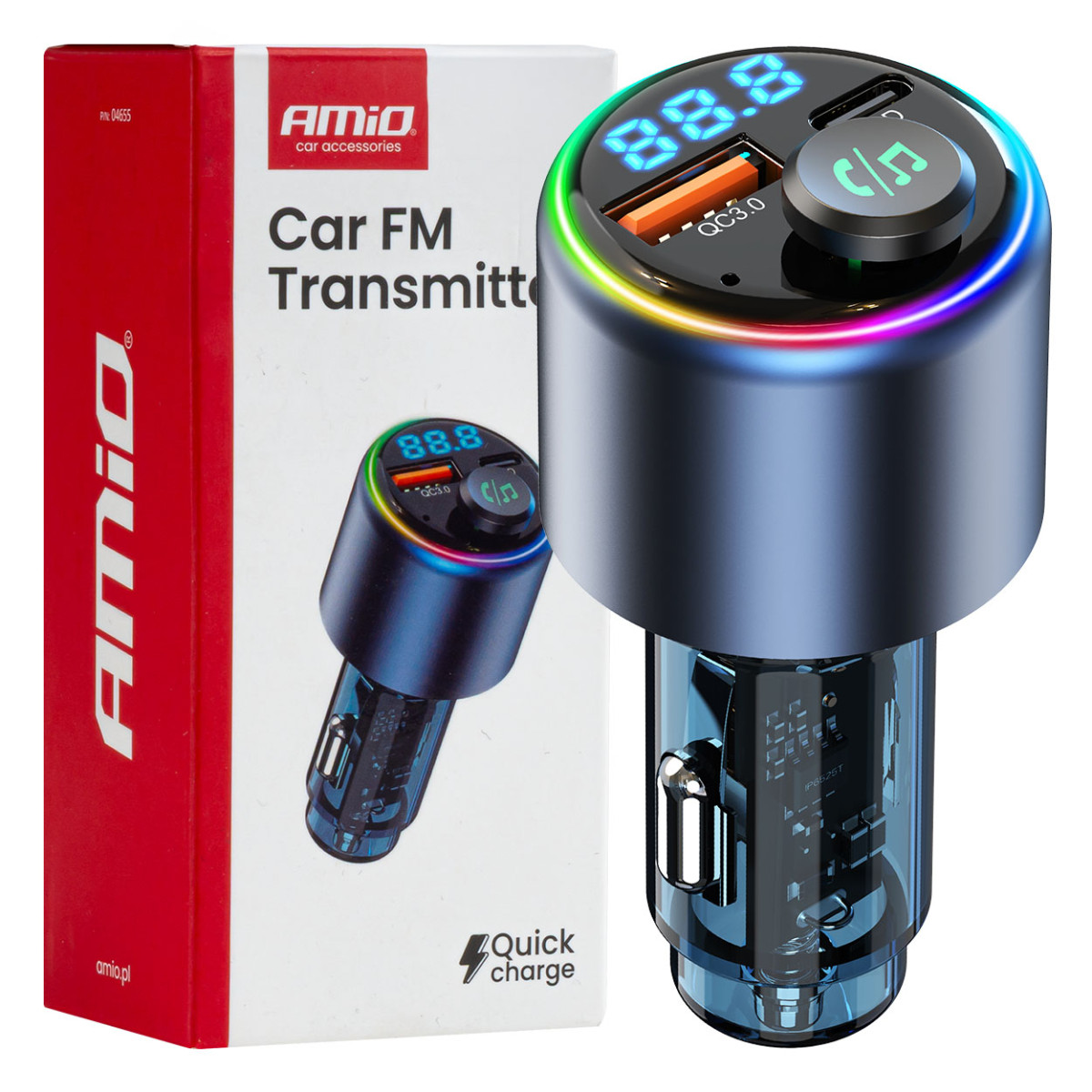 Automobilinis FM siųstuvas, 1×USB-A 1×USB-C 12V 24V AMIO-04655