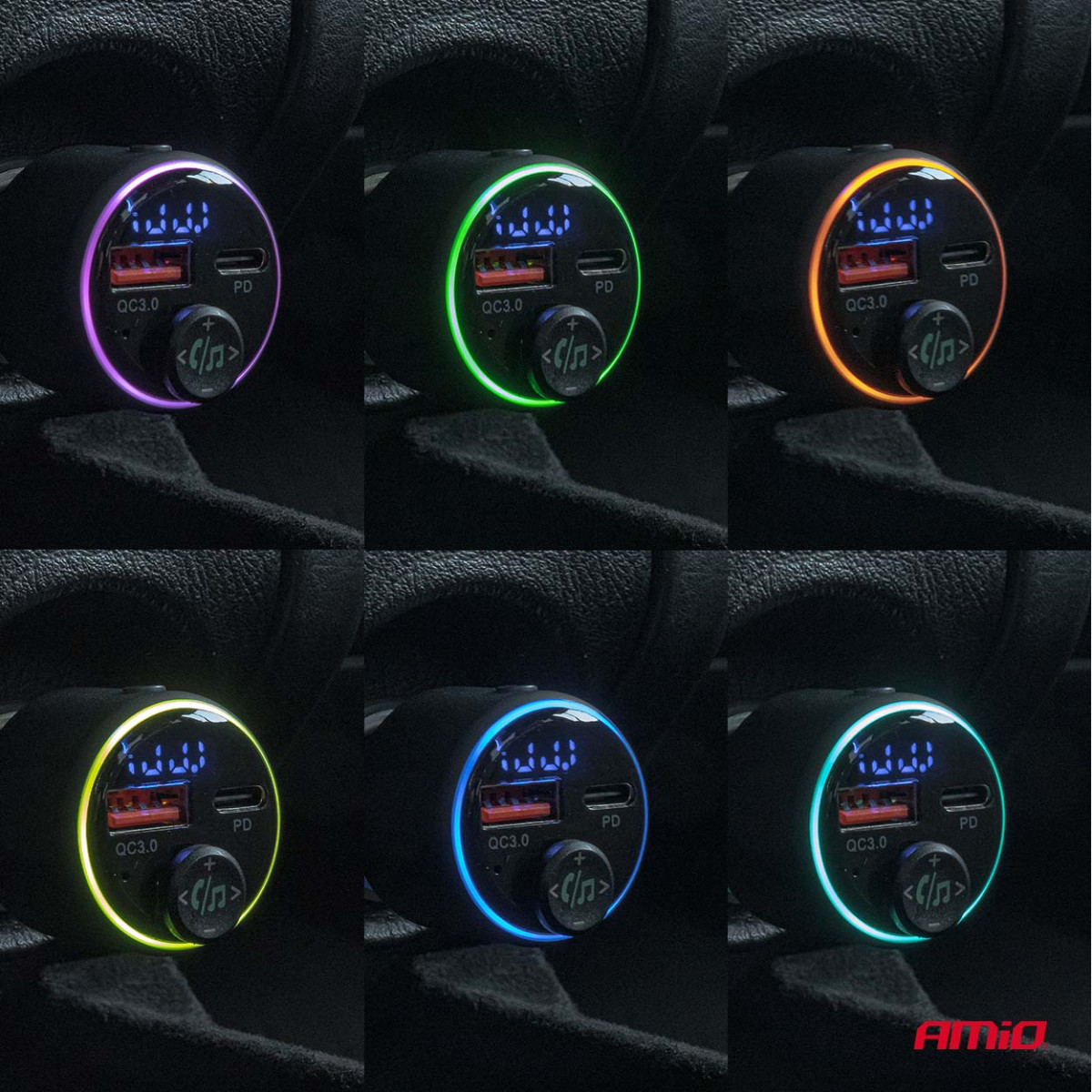 Automobilinis FM siųstuvas, 1×USB-A 1×USB-C 12V 24V AMIO-04655