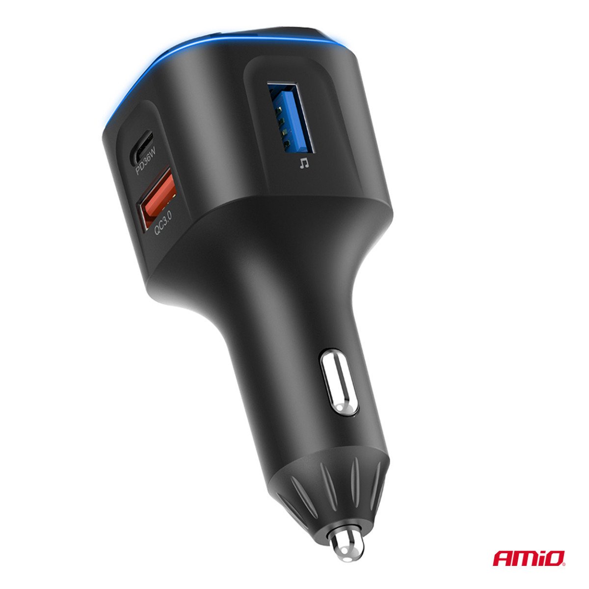 Automobilinis FM siųstuvas, 1×USB-A 2×USB-C 12V 24V AMIO-04651