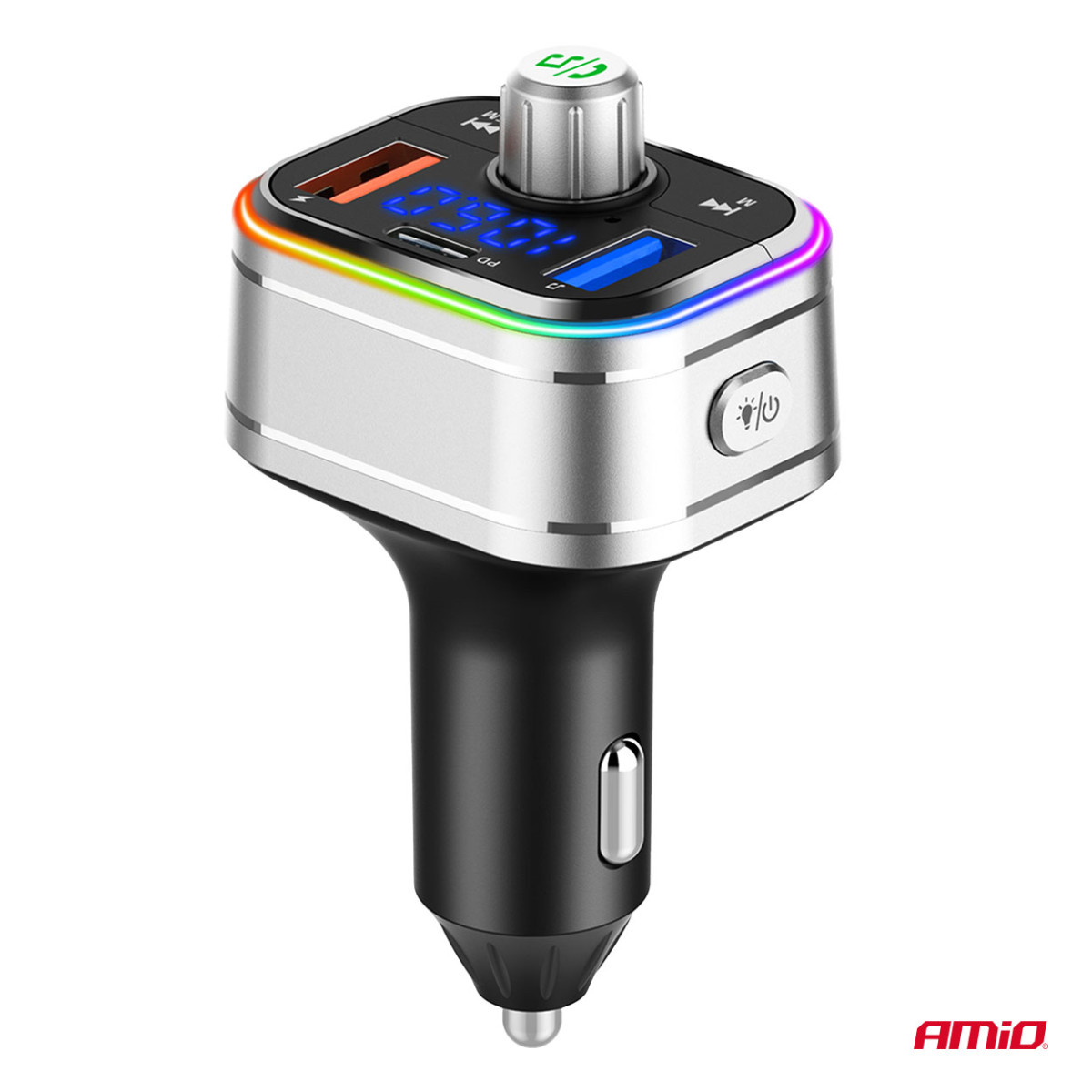 Automobilinis FM siųstuvas, FM 2×USB-A 1×USB-C microSD 12V 24V AMIO-04652
