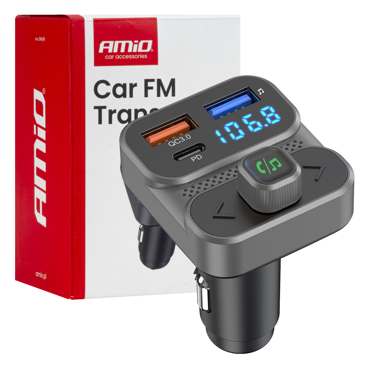 Automobilinis FM siųstuvas, 2×USB-A 1×USB-C 12V 24V AMIO-04649